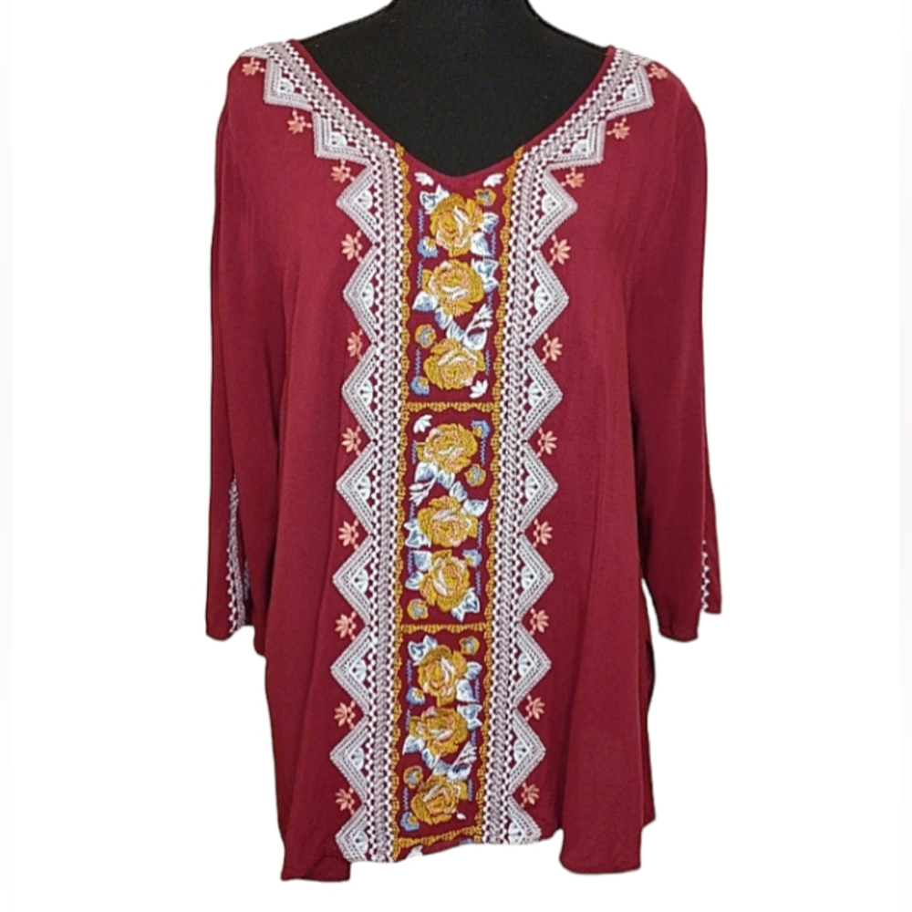 Andree By Unit Boho Embroidered Tunic Blouse Women's Sz Large Burgundy